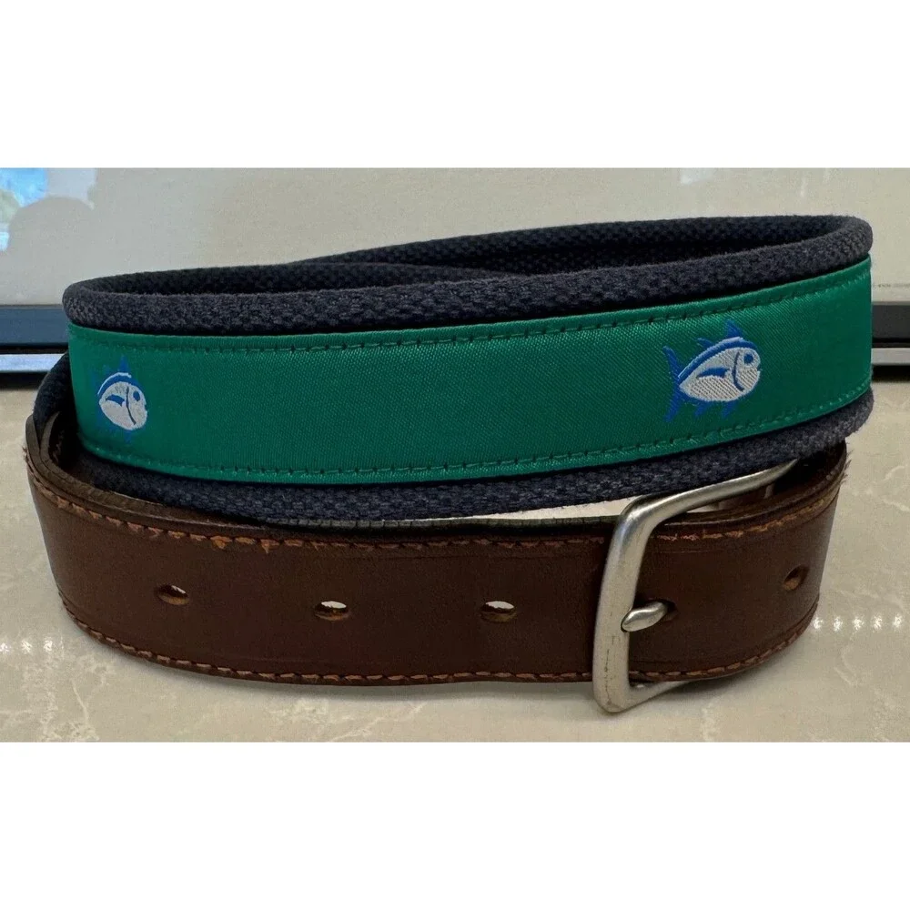 Southern Tide - Canvas Brown Leather Fish Belt - Men's Size 30 - Green